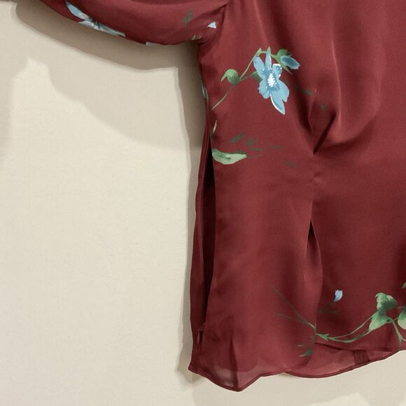 Joie Anevy Floral Silk Blouse Button-front Ruffle Top Cambridge Red Sz M V-Neck - Picture 4 of 5
